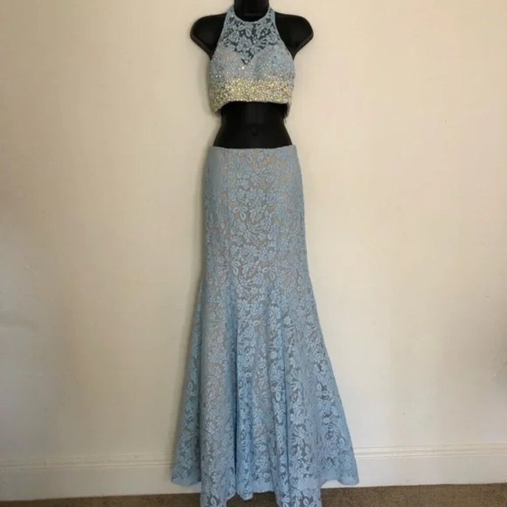 La Femme Powder Blue Two Piece Mermaid Skirt & Halter Gown - Size 4 - NWT